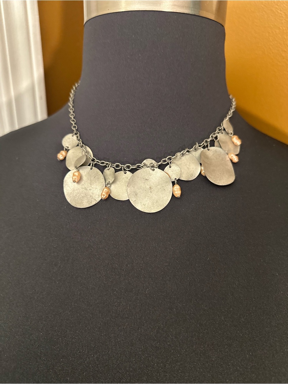 Silver Disc vintage Statement Necklace with Peach Bead Accents